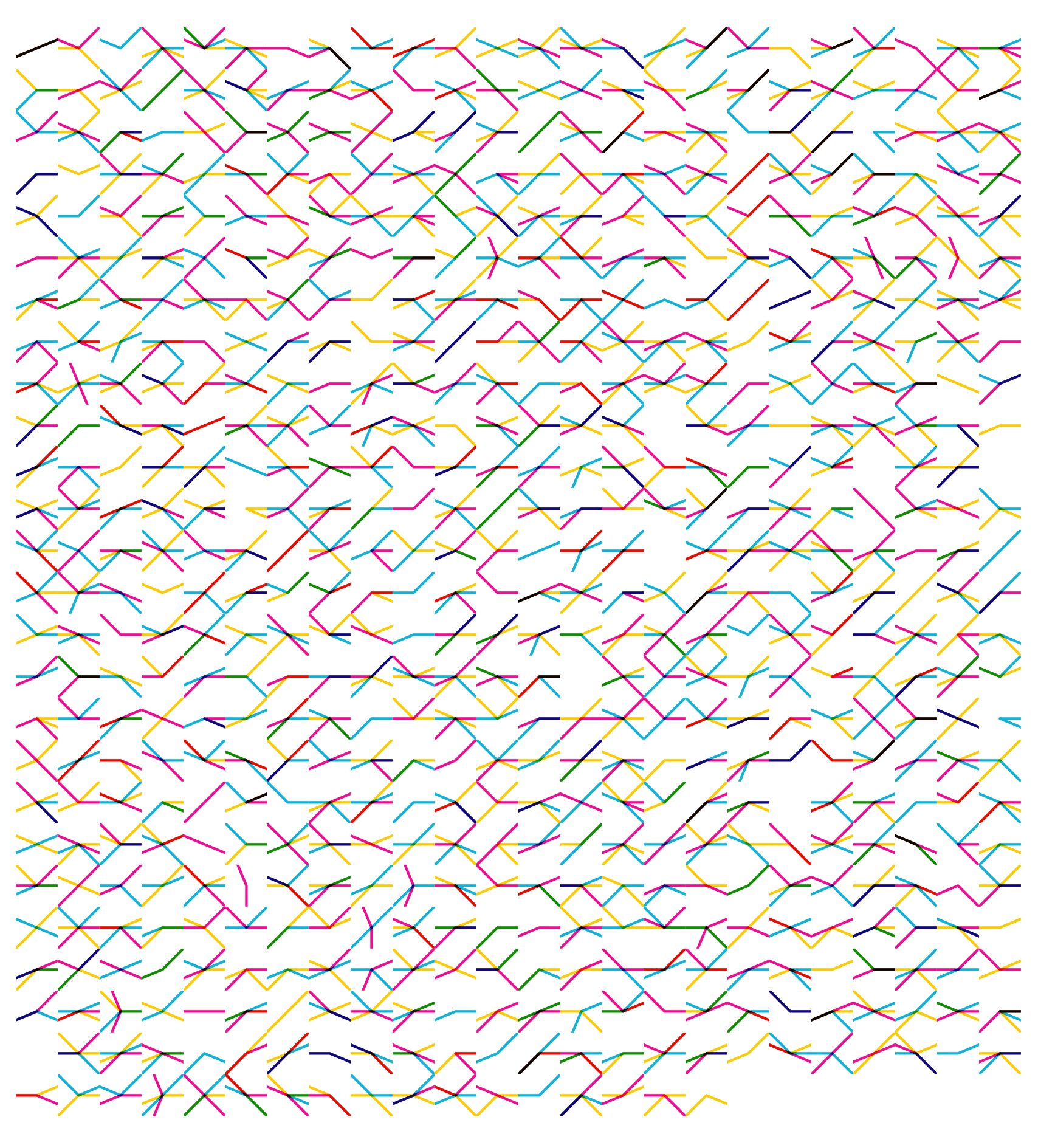 Trame dense de segments cyan, magenta, jaune et noirs